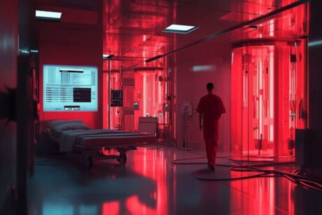 A imagem mostra um ambiente futurista de um hospital ou centro médico, com iluminação intensa de cor vermelha. O espaço parece ser altamente tecnológico, com várias estações e aparelhos médicos de alta tecnologia. Há uma cama hospitalar ao fundo e, ao redor, equipamentos conectados a tubos, além de monitores exibindo informações de saúde. No centro da imagem, uma figura humana vestindo um uniforme médico vermelho caminha entre os equipamentos, dando a impressão de que está monitorando ou trabalhando no ambiente. O tom vermelho da iluminação confere um clima intenso e científico ao ambiente.