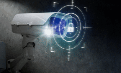 Imagem de uma camera de segurança com um cadeado na lente dela