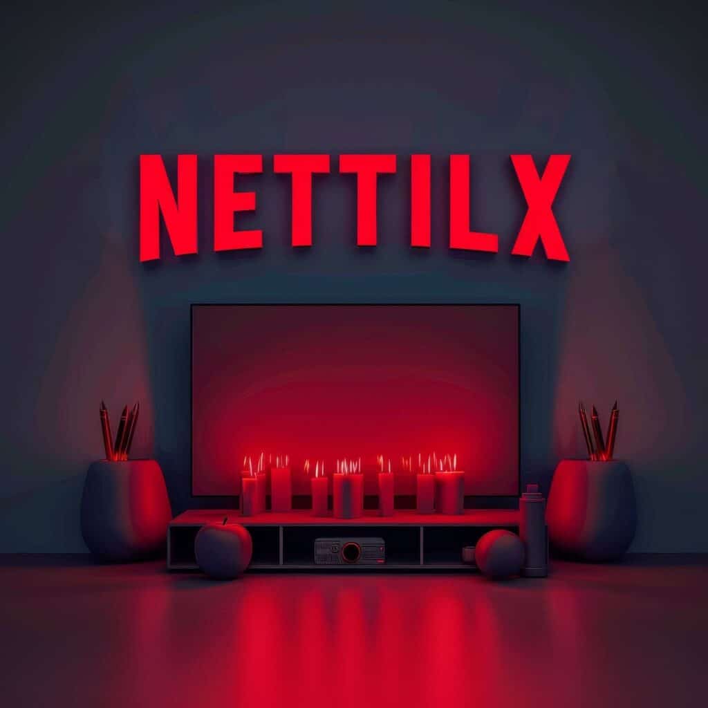 A imagem mostra uma sala com iluminação de tom vermelho, destacando um nome iluminado em neon na parede. O nome "NETTILX" está disposto de forma arqueada acima de uma televisão de tela plana, com uma estante de móveis embaixo. Na estante, há várias velas acesas, e ao redor, dois vasos grandes com lápis ou pincéis. O ambiente transmite um estilo moderno e aconchegante, com o foco na iluminação dramática e na atmosfera intimista.