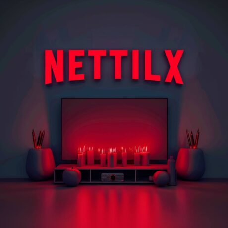 A imagem mostra uma sala com iluminação de tom vermelho, destacando um nome iluminado em neon na parede. O nome "NETTILX" está disposto de forma arqueada acima de uma televisão de tela plana, com uma estante de móveis embaixo. Na estante, há várias velas acesas, e ao redor, dois vasos grandes com lápis ou pincéis. O ambiente transmite um estilo moderno e aconchegante, com o foco na iluminação dramática e na atmosfera intimista.