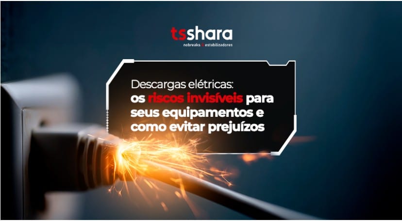 Texto sobre riscos de descargas elétricas com plugue soltando faíscas.
