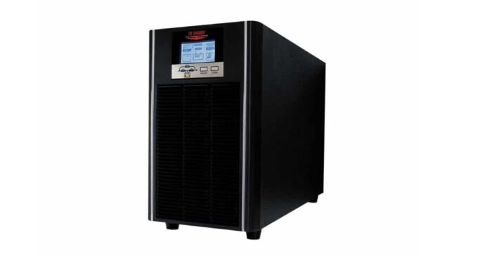 Nobreak vertical preto com display.