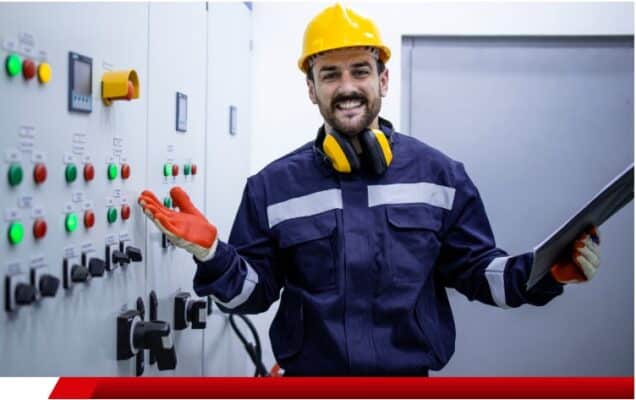 Técnico sorridente em frente a painel elétrico