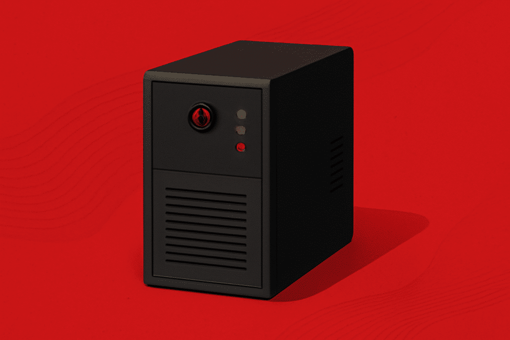 A imagem mostra um gabinete de computador em tom preto fosco sobre um fundo totalmente vermelho. O gabinete tem formato retangular e está posicionado de forma a vermos sua frente e uma das laterais. Na parte frontal, há três pequenos indicadores luminosos alinhados na vertical, em amarelo e vermelho, que lembram luzes de status. Acima deles, há um botão circular preto com um detalhe vermelho no centro, que parece ser o botão de ligar. Abaixo, há uma grade horizontal para ventilação. A lateral visível do gabinete possui pequenas aberturas para circulação de ar. O design é simples, com linhas retas e sem enfeites, transmitindo a ideia de um equipamento robusto e funcional.