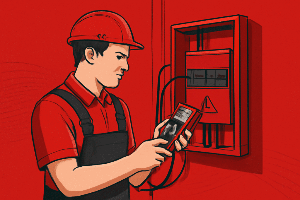 A imagem mostra um trabalhador usando um capacete vermelho e uma camisa vermelha. Ele está em um ambiente de fundo vermelho e está segurando um dispositivo de medição ou uma ferramenta na mão direita. O trabalhador está olhando atentamente para a tela do dispositivo, que parece estar conectado a um painel de controle vermelho, com um símbolo de alerta em seu centro. O trabalhador usa um macacão preto e está em uma posição de análise, observando a tela enquanto interage com o equipamento.