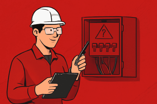 A imagem mostra um homem com um uniforme vermelho e um capacete branco. Ele está em frente a um painel elétrico vermelho com vários interruptores e uma placa de alerta com um ponto de interrogação, indicando algum tipo de problema ou falha. O homem está segurando um tablet com uma mão, e com a outra mão, ele aponta para o painel, como se estivesse avaliando a situação. O fundo da imagem também é vermelho. O estilo da imagem é ilustrado de forma simples e estilizada, com traços bem definidos.