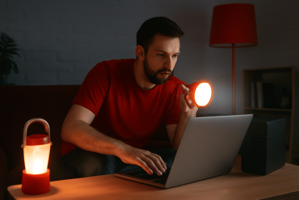 A imagem mostra um homem sentado à mesa em um ambiente com pouca luz, utilizando um laptop. Ele usa uma camiseta vermelha e está segurando uma lanterna com a mão direita, que emite uma luz suave e direcionada para a tela do computador. Ao lado do homem, há uma lâmpada vermelha acesa no fundo, e uma outra lanterna vermelha sobre a mesa, iluminando suavemente o ambiente. O ambiente é descontraído, com móveis modernos e uma atmosfera de concentração. O homem tem uma expressão focada, como se estivesse tentando entender algo na tela do laptop, com os olhos fixos enquanto ajusta a lanterna.