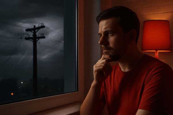 A imagem mostra um homem sentado perto de uma janela, olhando para fora. Ele está usando uma camiseta vermelha e está pensativo, com a mão direita sobre o queixo. Ao fundo, é possível ver um cenário de tempestade, com nuvens escuras e raios iluminando o céu. A janela reflete parcialmente a iluminação suave de uma lâmpada vermelha ao lado, que emite uma luz quente, criando um contraste com o ambiente sombrio lá fora. A atmosfera transmite uma sensação de introspecção e contemplação.
