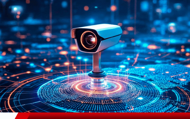 Câmera de segurança digital em ambiente tecnológico futurista