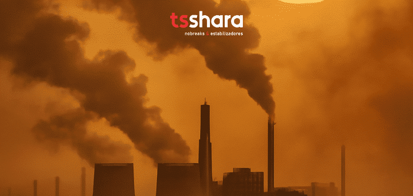 A imagem apresenta uma paisagem industrial com várias chaminés soltando fumaça em um céu alaranjado, criando uma atmosfera de poluição. O logo da TS Shara está na parte superior central, com tipografia moderna, destacando-se no cenário. A imagem transmite uma sensação de impacto ambiental e da necessidade de soluções mais sustentáveis.