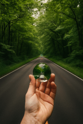 A foto mostra uma estrada asfaltada e deserta, cercada por uma floresta densa de árvores verdes que formam um túnel natural sobre a pista. No primeiro plano, em destaque, há uma mão segurando uma esfera de vidro transparente. Dentro dessa esfera, a paisagem da estrada e das árvores aparece refletida e invertida, criando um efeito visual marcante, como se a floresta estivesse contida dentro da bola. A cena transmite uma sensação de tranquilidade, natureza abundante e perspectiva artística.