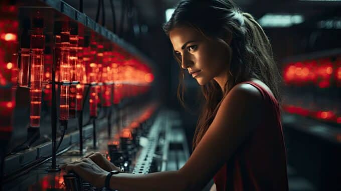 A imagem exibe uma mulher em um ambiente de data center, focada enquanto ajusta equipamentos. Ao fundo, há uma série de luzes vermelhas iluminando o local. Ela parece estar operando sistemas complexos, com a luz suave destacando seus movimentos e a concentração em seu rosto.
