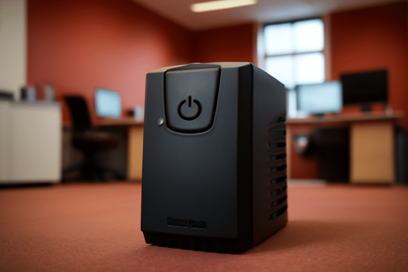 A foto mostra um nobreak preto em destaque, posicionado no chão de um ambiente de escritório. Na parte frontal do equipamento há um grande botão de energia com o símbolo de ligar/desligar e uma luz verde acesa, indicando que está em funcionamento. O fundo está desfocado, mas é possível ver mesas, cadeiras e monitores de computador em um escritório com paredes vermelhas e uma janela que deixa entrar luz natural. A imagem transmite a ideia de proteção e funcionamento contínuo de equipamentos eletrônicos em um ambiente de trabalho.