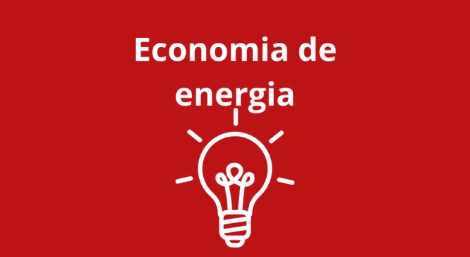 A imagem apresenta um fundo vermelho sólido com o texto em branco no centro dizendo: “Economia de energia” Abaixo da frase, há o desenho de uma lâmpada acesa em estilo simples, também em branco, transmitindo a ideia de iluminação eficiente e sustentável. Ela passa a mensagem de forma direta e visual sobre a importância de economizar energia.