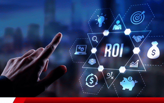 Mão apontando para holograma com o termo ROI e ícones de negócios.