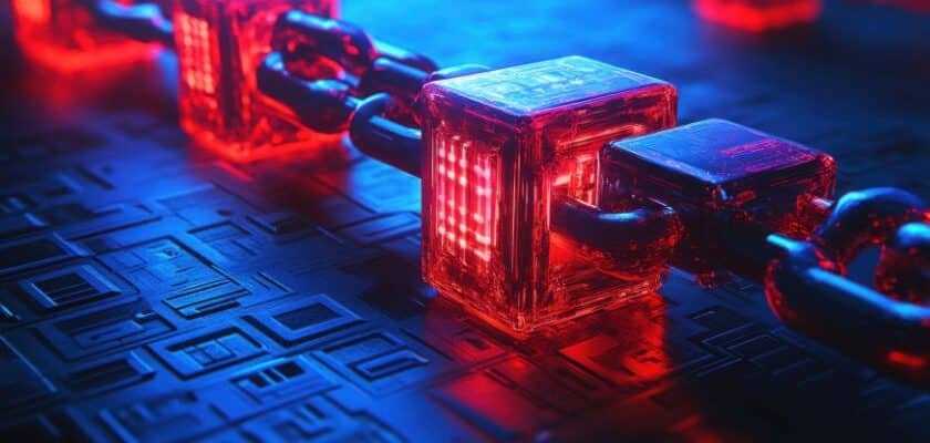 Ilustração futurista 3D de elos de corrente em formato de blocos digitais brilhantes, com luzes vermelhas e azuis