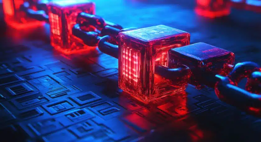 Ilustração futurista 3D de elos de corrente em formato de blocos digitais brilhantes, com luzes vermelhas e azuis