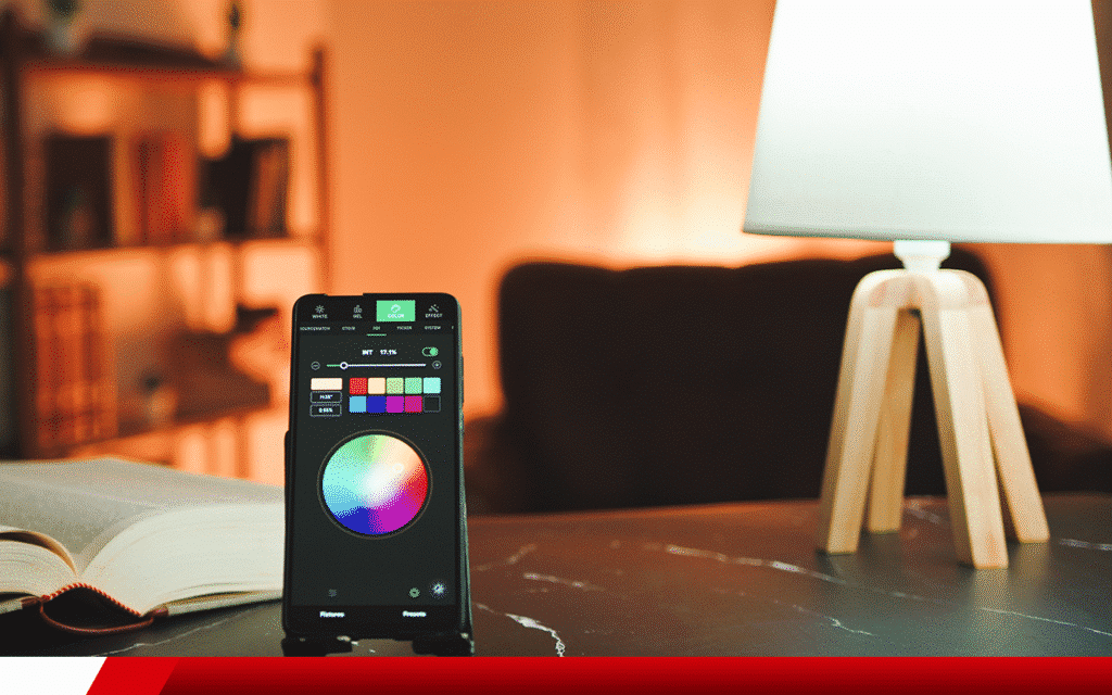 Smartphone controlando lâmpada inteligente com seletor de cores em sala com iluminação quente e ambiente aconchegante.