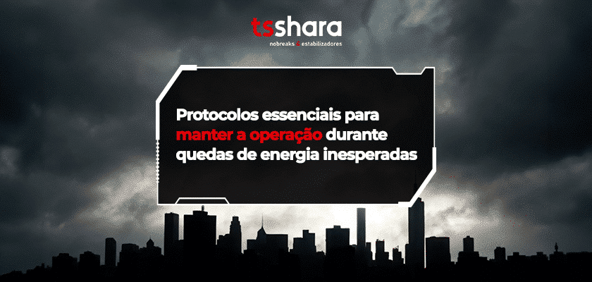 Skyline urbano sob nuvens escuras com banner sobre operação em queda de energia