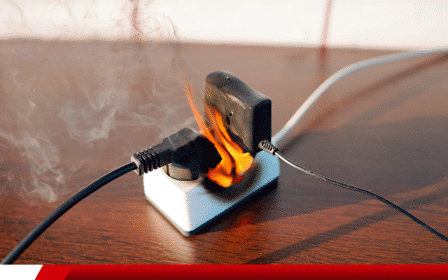 Tomada com plugue em chamas devido a sobrecarga elétrica.