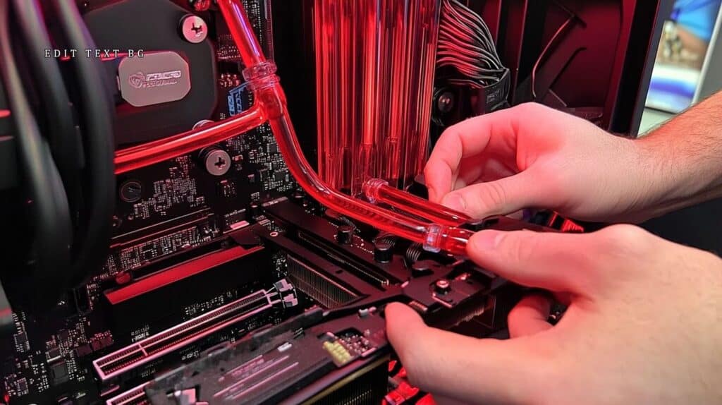 A imagem mostra o processo de montagem de um sistema de resfriamento a água para um computador. É possível ver tubos vermelhos conectando o sistema, enquanto uma mão está ajustando os tubos na parte interna do gabinete. O fundo da imagem tem iluminação vermelha, destacando o hardware e os componentes, como a placa-mãe e a placa gráfica. A estética da imagem é moderna e técnica, destacando a construção de um PC customizado.