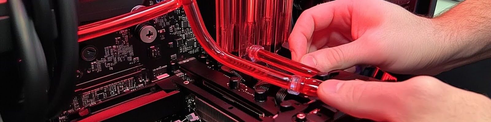A imagem mostra o processo de montagem de um sistema de resfriamento a água para um computador. É possível ver tubos vermelhos conectando o sistema, enquanto uma mão está ajustando os tubos na parte interna do gabinete. O fundo da imagem tem iluminação vermelha, destacando o hardware e os componentes, como a placa-mãe e a placa gráfica. A estética da imagem é moderna e técnica, destacando a construção de um PC customizado.
