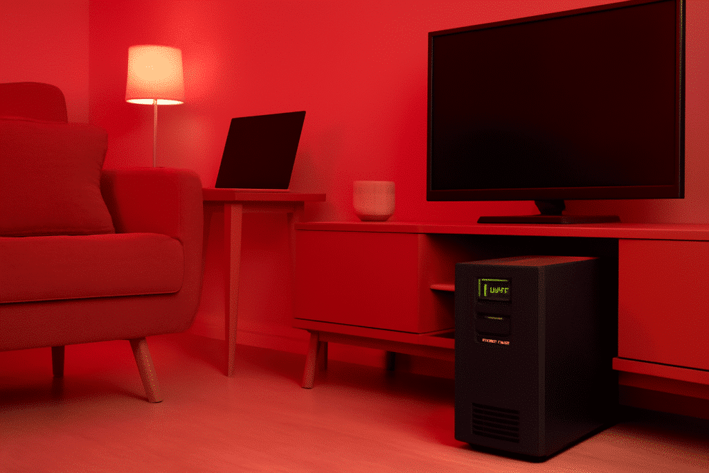 A imagem mostra uma sala com iluminação vermelha. Há um sofá vermelho à esquerda, uma mesa de centro de madeira clara e uma TV preta em cima de um móvel também vermelho. No canto direito, um nobreak (UPS) preto está posicionado perto da TV, com uma tela verde iluminada exibindo informações.