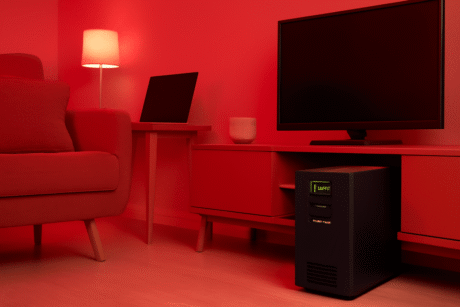 A imagem mostra uma sala com iluminação vermelha. Há um sofá vermelho à esquerda, uma mesa de centro de madeira clara e uma TV preta em cima de um móvel também vermelho. No canto direito, um nobreak (UPS) preto está posicionado perto da TV, com uma tela verde iluminada exibindo informações.