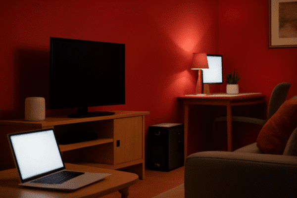 A imagem mostra uma sala com iluminação vermelha. Há uma TV preta sobre um móvel de madeira clara e um laptop aberto sobre uma mesa de centro. No canto inferior direito, um nobreak preto está posicionado perto de uma mesa de trabalho, com uma planta e uma luminária de mesa iluminando o ambiente. A decoração é minimalista e moderna.