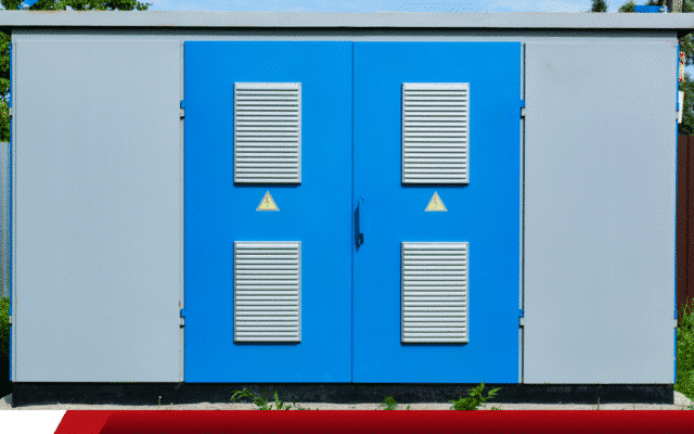 Abrigo metálico com portas azuis e ventilação para equipamentos elétricos.