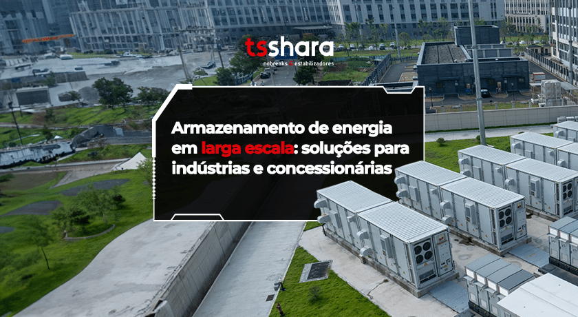 Containers de armazenamento de energia em área industrial.