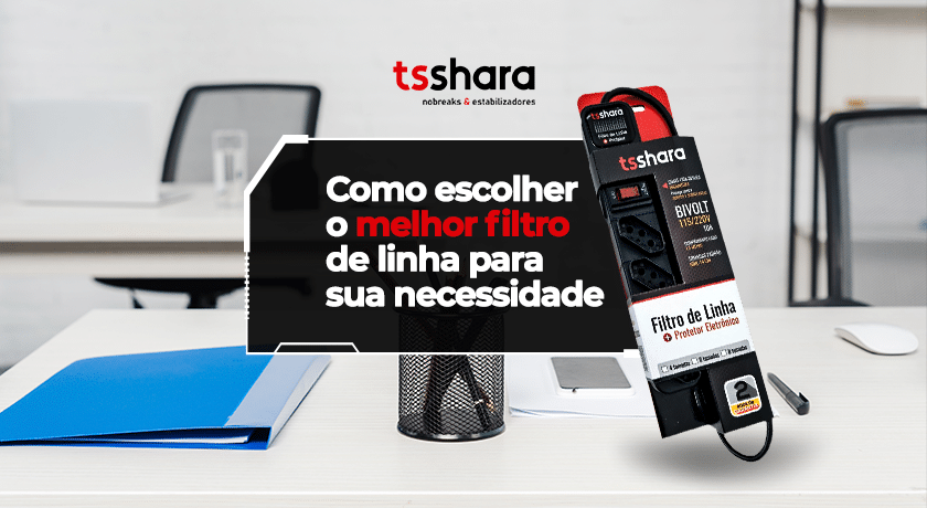 Filtro de linha da TS Shara sobre mesa de escritório.