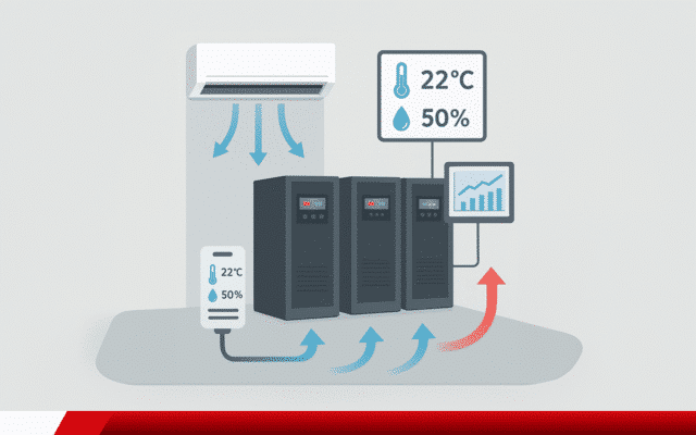 Ilustração de controle térmico e umidade em sala com nobreaks.