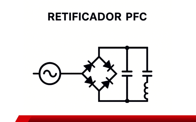 Diagrama simples de retificador PFC com ponte de diodos e filtro.
