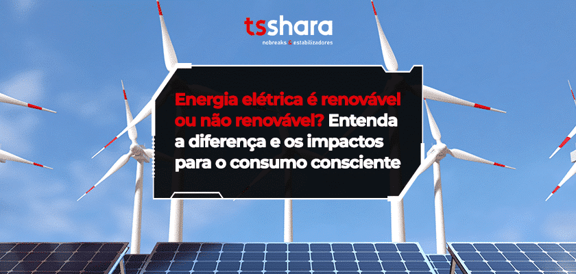 Painéis solares e turbinas eólicas ilustram fontes renováveis de energia elétrica