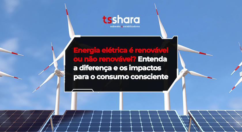 Painéis solares e turbinas eólicas ilustram fontes renováveis de energia elétrica