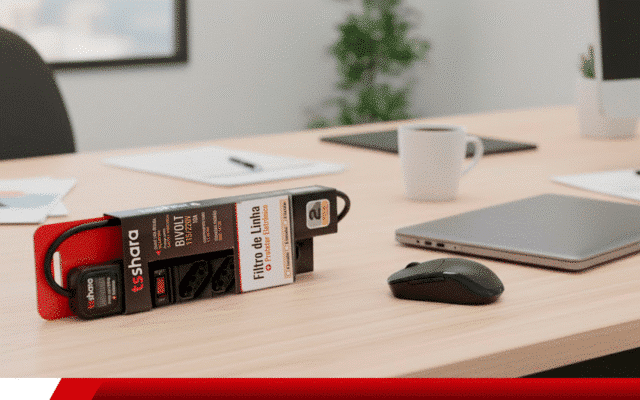 Filtro de linha TS Shara sobre mesa de escritório.