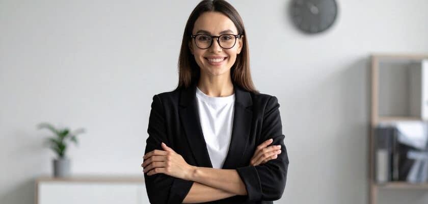 uma mulher de negócios sorridente, de pele clara e cabelos castanhos longos, em pé, olhando para frente. Ela usa óculos de aros pretos, uma camisa branca por baixo de um blazer preto, e está com os braços cruzados.