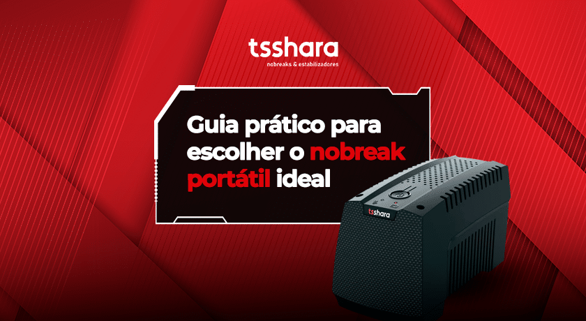 Nobreak portátil TS Shara sobre fundo vermelho.
