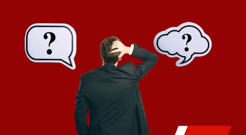 um banner com um rapaz de costas de blazer com a mão na cabeça e dois balões de quadrinho com um ponto de interrogação