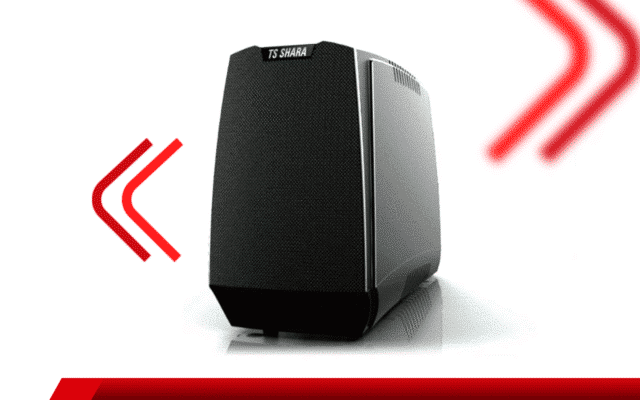 Nobreak portátil TS Shara em fundo branco com detalhes vermelhos.