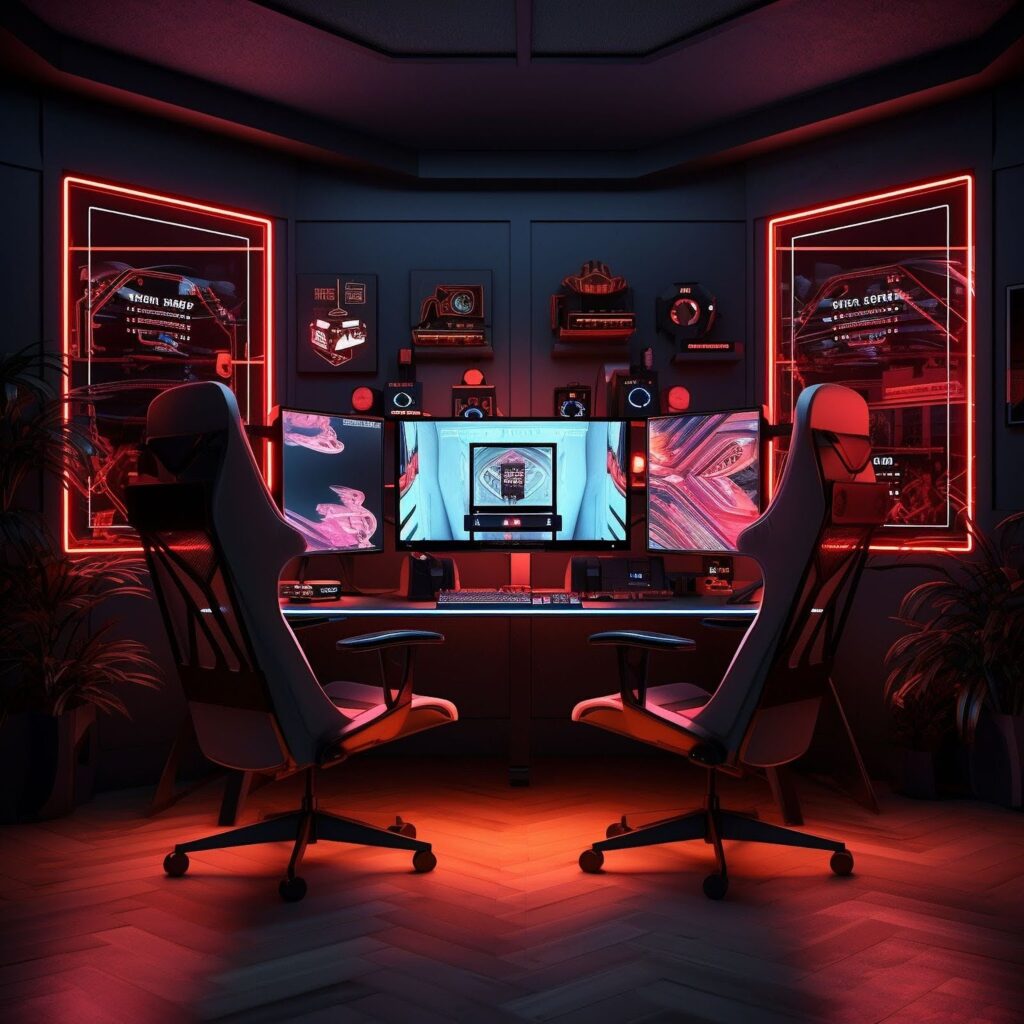 Esta imagem apresenta uma configuração de desktop minimalista, dominada por uma iluminação de fundo LED vermelha intensa, sobre uma mesa de madeira escura. O monitor de tela plana (com a tela preta) está centralizado, irradiando a luz vermelha. Na mesa, há um mousepad longo, um mouse e uma caneca escura à direita. À esquerda do monitor, há uma caixa de som ou uma torre de PC de formato retangular.