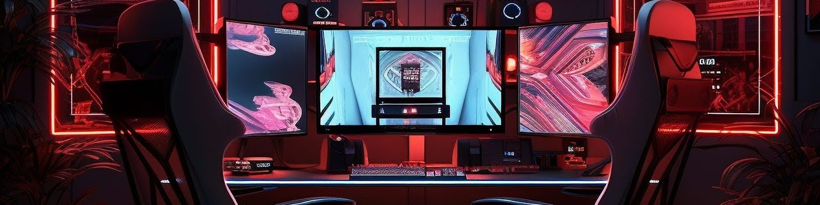 Esta imagem apresenta uma configuração de desktop minimalista, dominada por uma iluminação de fundo LED vermelha intensa, sobre uma mesa de madeira escura. O monitor de tela plana (com a tela preta) está centralizado, irradiando a luz vermelha. Na mesa, há um mousepad longo, um mouse e uma caneca escura à direita. À esquerda do monitor, há uma caixa de som ou uma torre de PC de formato retangular.