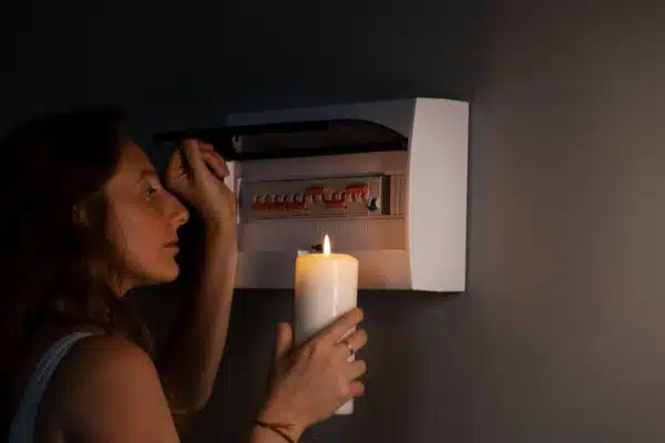 Uma mulher está em um ambiente escuro, iluminada apenas pela luz de uma vela branca que segura com uma das mãos. Ela observa atentamente um quadro de disjuntores elétricos, que está aberto à sua frente. Sua expressão é calma e concentrada, e a chama da vela reflete suavemente em seu rosto e nas superfícies do quadro. A cena sugere que houve uma queda de energia e ela tenta resolver o problema.