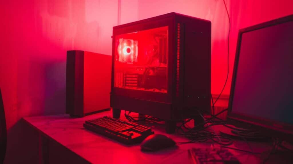 Um computador de mesa com gabinete transparente iluminado por uma luz vermelha intensa. Dentro dele, é possível ver ventoinhas acesas e componentes internos. Ao lado, há um teclado, um mouse e um monitor apagado sobre uma mesa de superfície branca. Todo o ambiente está banhado por uma iluminação vermelha, criando um clima tecnológico e moderno.