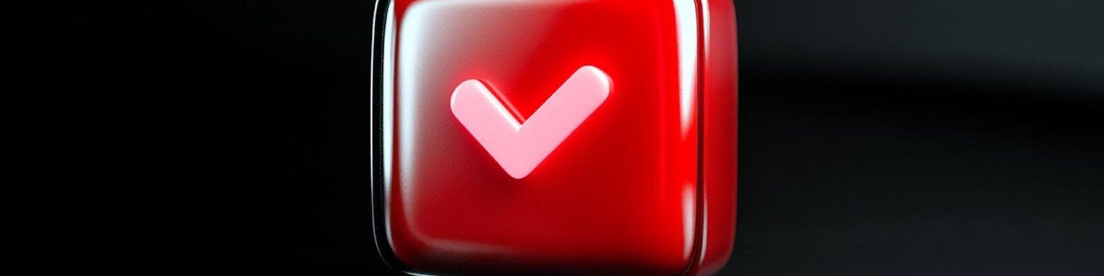 A imagem é um close-up digital 3D de um ícone de marca de seleção (check mark). O ícone está dentro de um cubo com cantos arredondados, de cor vermelha vibrante e brilhante, com um acabamento que lembra vidro ou gel. A marca de seleção em si é um V grande e suave, de cor rosa pálido ou vermelho claro, centralizado no cubo. O fundo é preto sólido, e a forte iluminação de cima cria um reflexo vermelho intenso na superfície escura sobre a qual o cubo está apoiado.