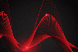 Esta é uma imagem abstrata com um fundo preto ou cinza muito escuro. Sobre esse fundo, linhas finas e vermelhas brilhantes formam grandes e fluídas ondas tridimensionais que se movem por toda a largura da imagem. As ondas têm um aspecto sedoso e dinâmico, e alguns pequenos pontos de luz vermelha brilham ao longo de suas curvas.