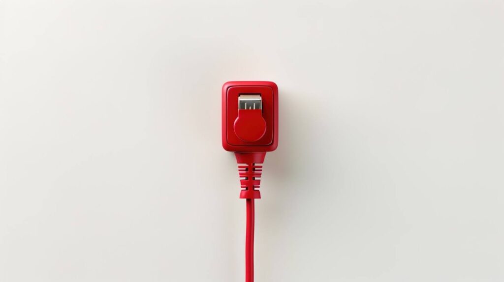 Esta é uma imagem de close-up de uma lâmpada incandescente ou LED com bulbo de vidro vermelho, deitada de lado sobre uma superfície escura e levemente texturizada. A lâmpada está acesa, emitindo uma luz vermelha intensa. Dentro do bulbo, os filamentos ou LEDs brilham em um tom amarelado/laranja forte. Um fio elétrico fino e vermelho sai da base metálica rosqueada da lâmpada, curvando-se para o lado. O brilho da lâmpada cria um forte halo vermelho na superfície circundante, sugerindo energia ou alerta.