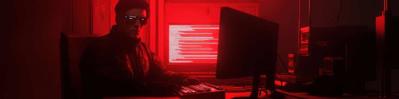 Uma mesa de escritório moderna está iluminada por uma luz vermelha suave. No centro, há um monitor grande e desligado, com um teclado e um mouse posicionados à frente. À esquerda, há uma pequena caixa de som preta, e à direita, uma luminária preta direciona a luz vermelha para a mesa. Também há uma caneca vermelha ao lado da luminária. O ambiente é escuro e minimalista, com destaque para o contraste entre o preto e o vermelho, criando uma atmosfera elegante e tecnológica.