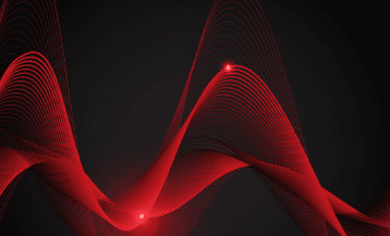 Esta é uma imagem abstrata com um fundo preto ou cinza muito escuro. Sobre esse fundo, linhas finas e vermelhas brilhantes formam grandes e fluídas ondas tridimensionais que se movem por toda a largura da imagem. As ondas têm um aspecto sedoso e dinâmico, e alguns pequenos pontos de luz vermelha brilham ao longo de suas curvas.